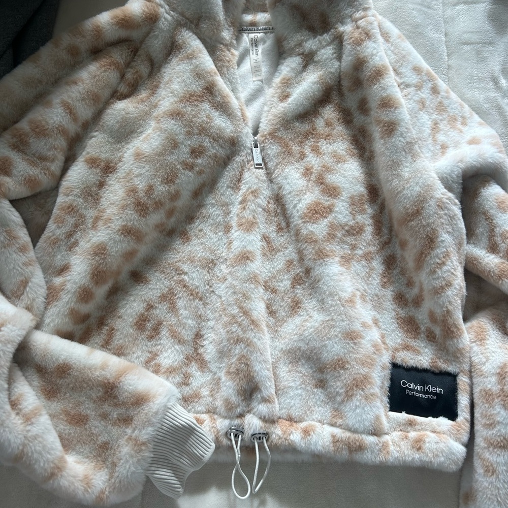 Calvin Klein Cream and Brown Fuzzy Jacket